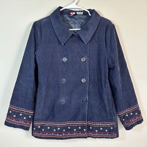 Vintage Navy Blue Corduroy Embroidered Jacket Small Y2K Boho Cottagecore